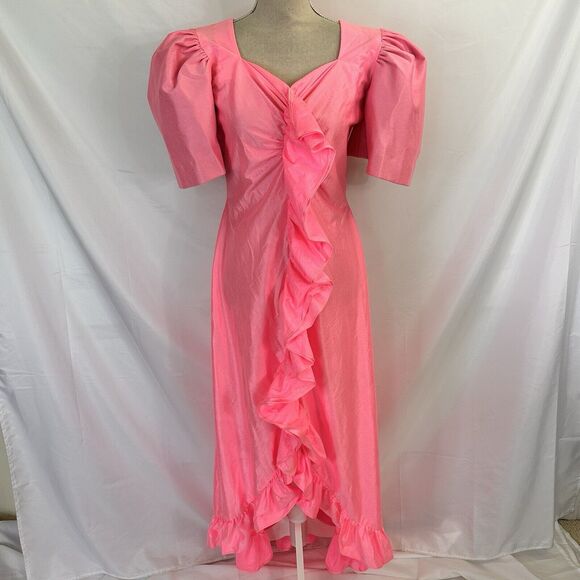 Vintage Dresses & Skirts - Vtg Hot Pink Big Puff Sleeve Maxi Ruffle Dress SMALL